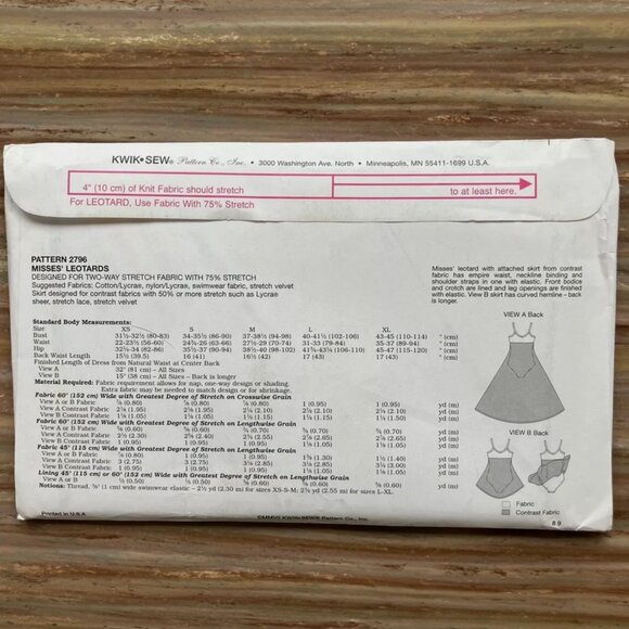 UNCUT Sewing Pattern Kwik Sew 2796 Leotard Skirt Skating Dance Costume XS to XL - Picture 2 of 2